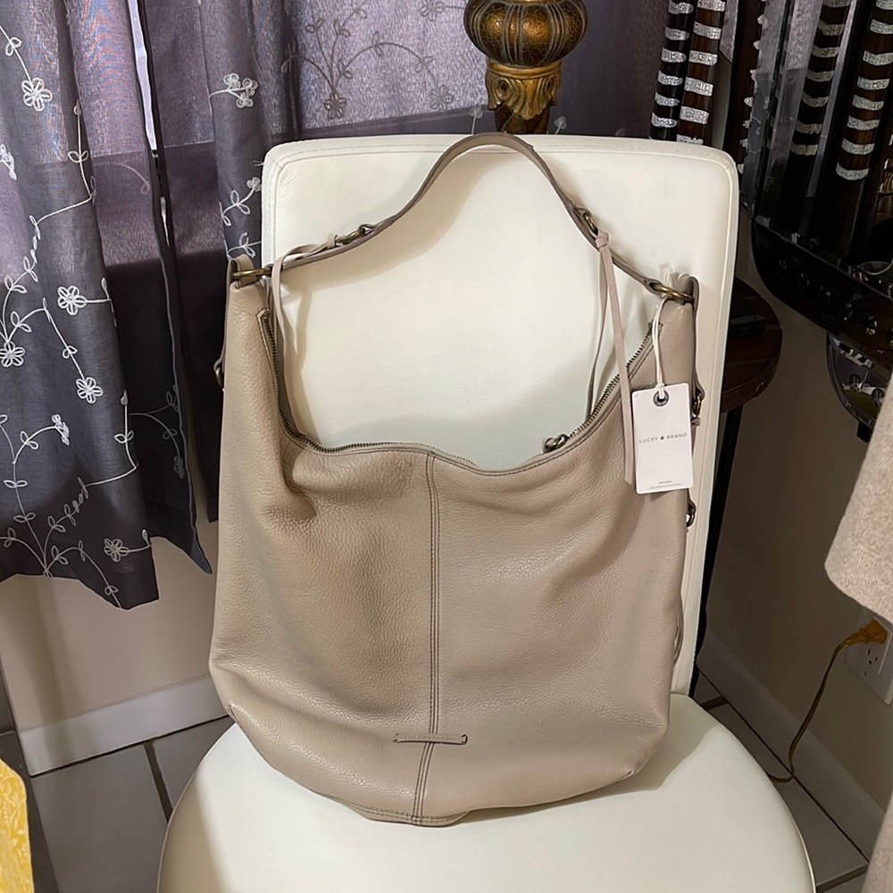 NWT Lucky Brand " Mushroom" Beige Leather "BOHO" Fringe Shoulder Bag